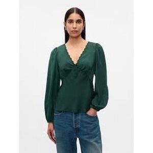 Gap Shirt Women M Green Satin Empire Waist Blouse Feminine Going Out Party